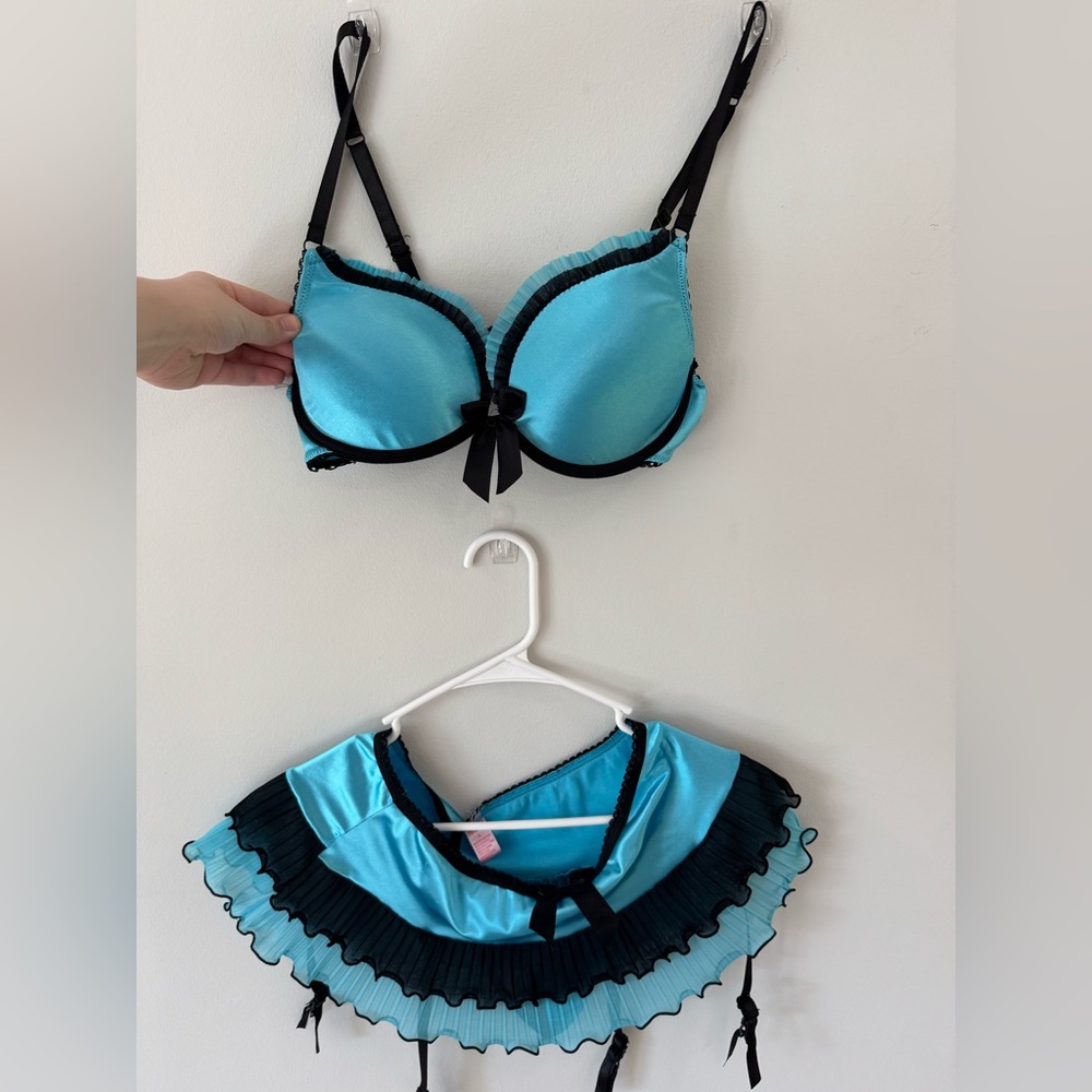 Blue Satin Push-Up Bra and Matching Skirt Set